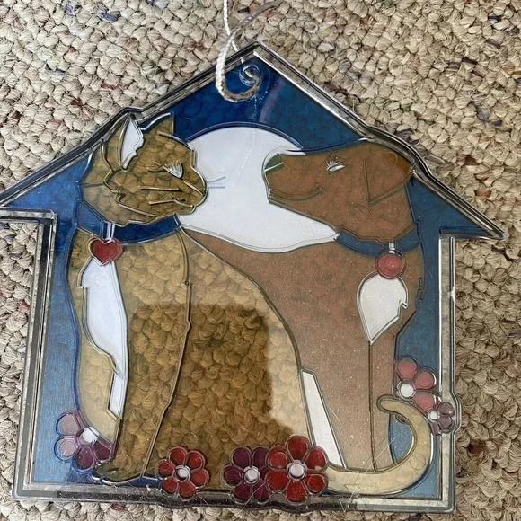 Stain Glass Plastic Cat Dog House 5 inch Christmas Window Ornament Brown Blue - Picture 2 of 4